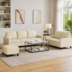 Comfortable 3 Piece Cream Faux Leather Sofa Set