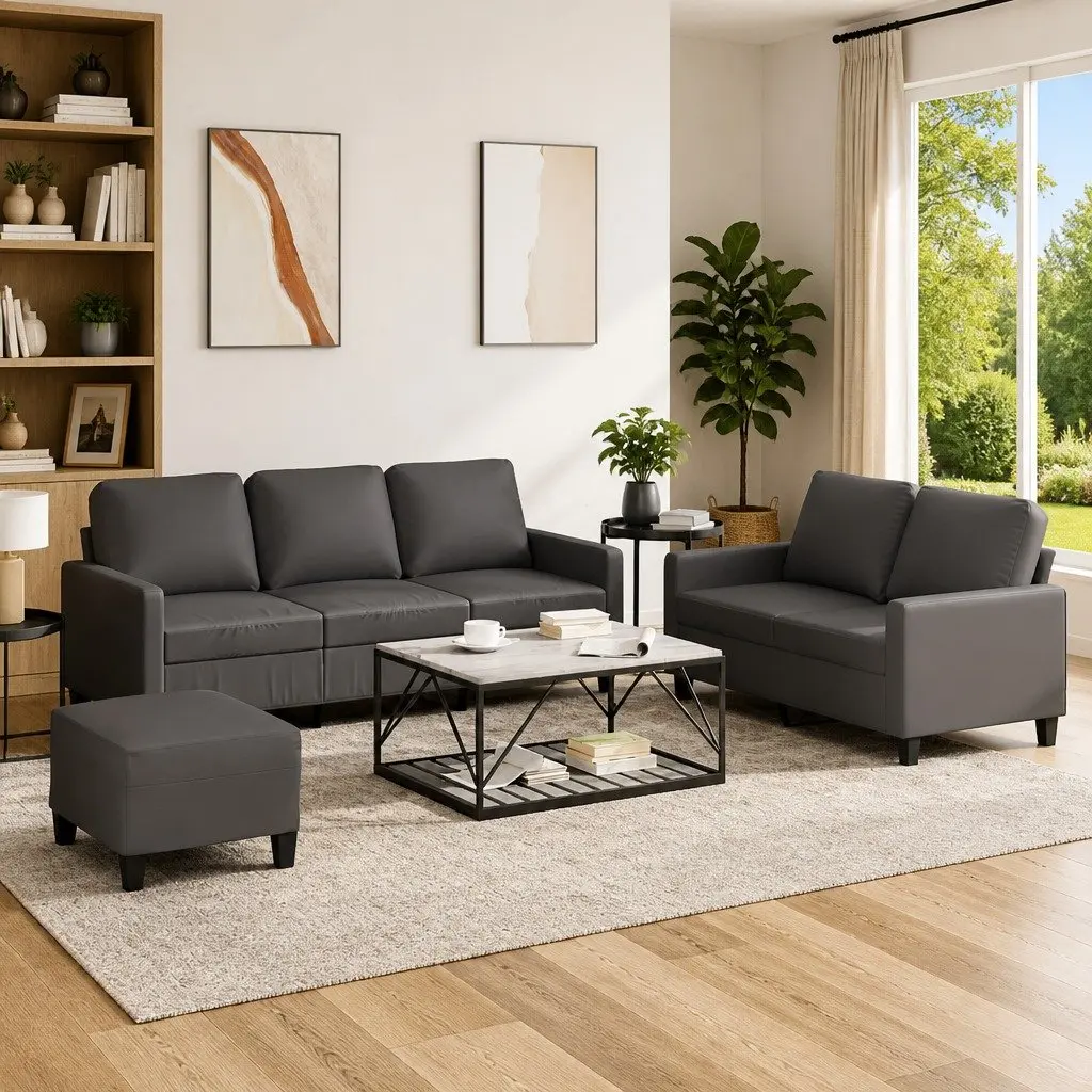 3 Piece Sofa Set Grey Faux Leather Living Room Furniture Couch