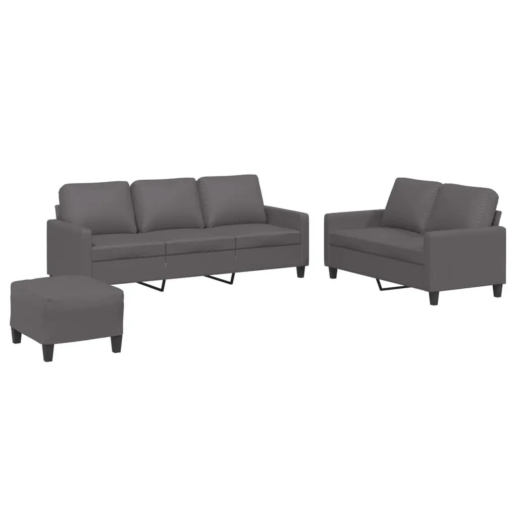 3 Piece Sofa Set Grey Faux Leather Living Room Furniture Couch