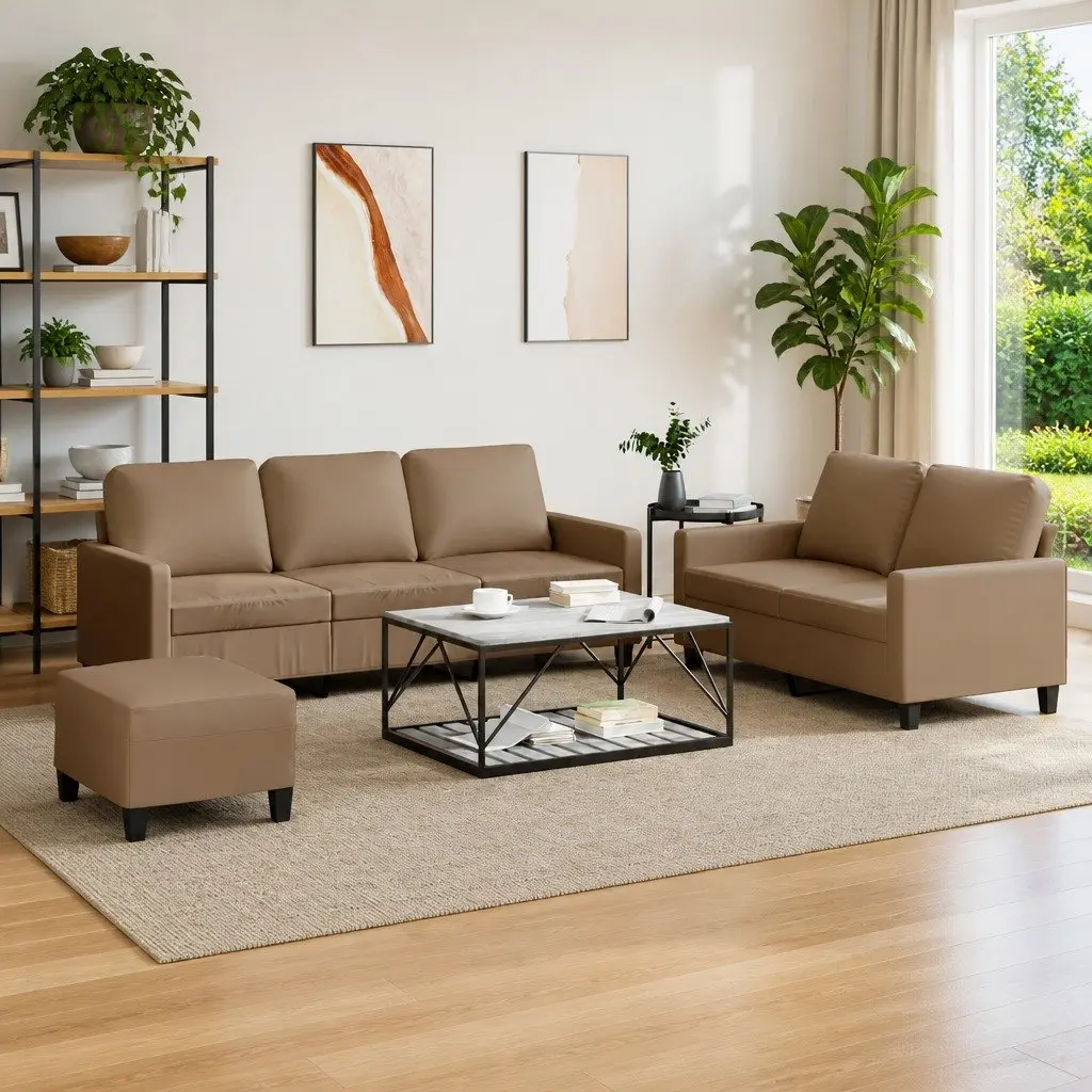 3 Piece Sofa Set with Footstool Cushions Brown Faux Leather Living Room