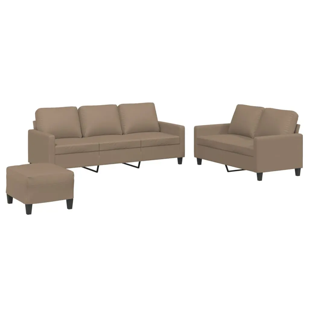 3 Piece Sofa Set with Footstool Cushions Brown Faux Leather Living Room