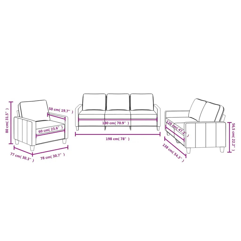 3 Piece Sofa Set Grey Fabric Living Room Couch with Cushions Modern