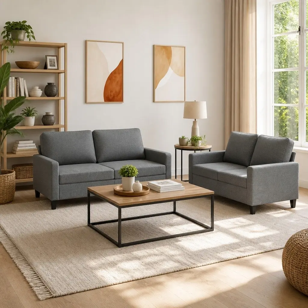 2 Piece Sofa Set Grey Fabric Couch Lounge Suite