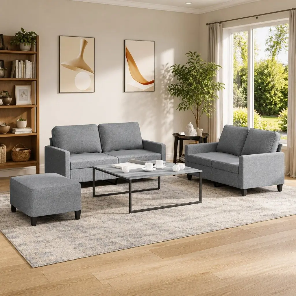 3 Piece Sofa Set Grey Fabric Living Room Lounge Suite
