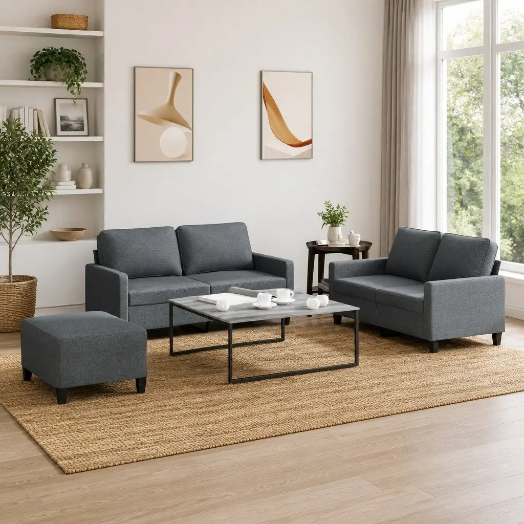 3 Piece Sofa Set Grey Fabric Living Room Furniture