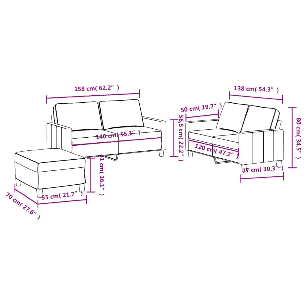 Black Fabric Sofa Set 3-Piece Living Room Furniture with Cushions and Footstool