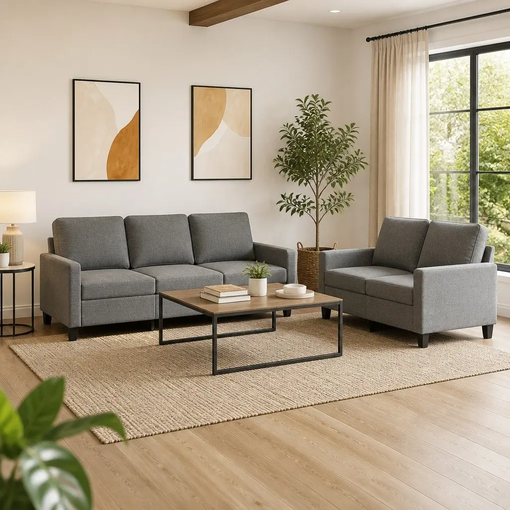 Sofa Set Grey Fabric 2 Piece Living Room Seating