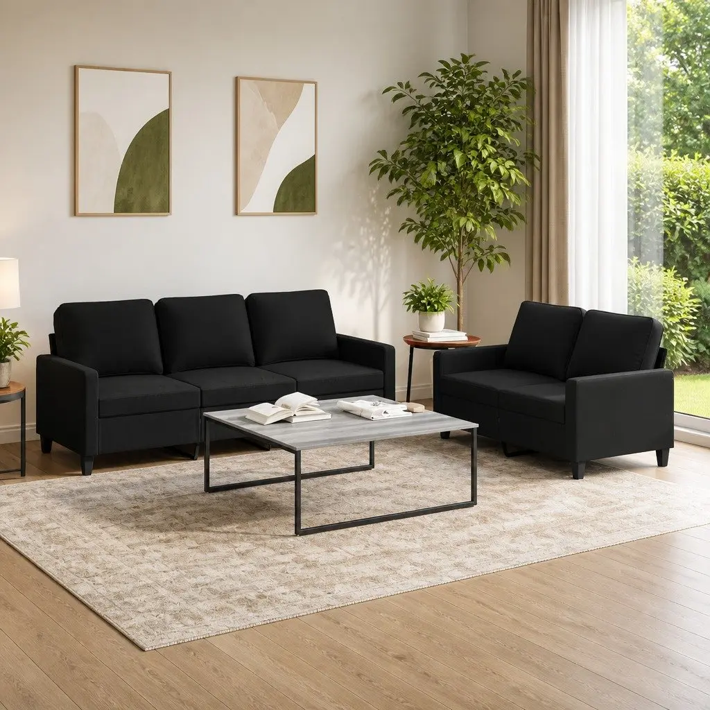 2 Piece Sofa Set Black Fabric Lounge Suite Comfortable Cushioned Seating Living