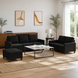Comfortable 3 Piece Black Sofa Set with Cushions