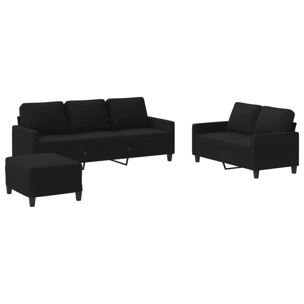 3 Piece Sofa Set Black Fabric Lounge Couch Footstool