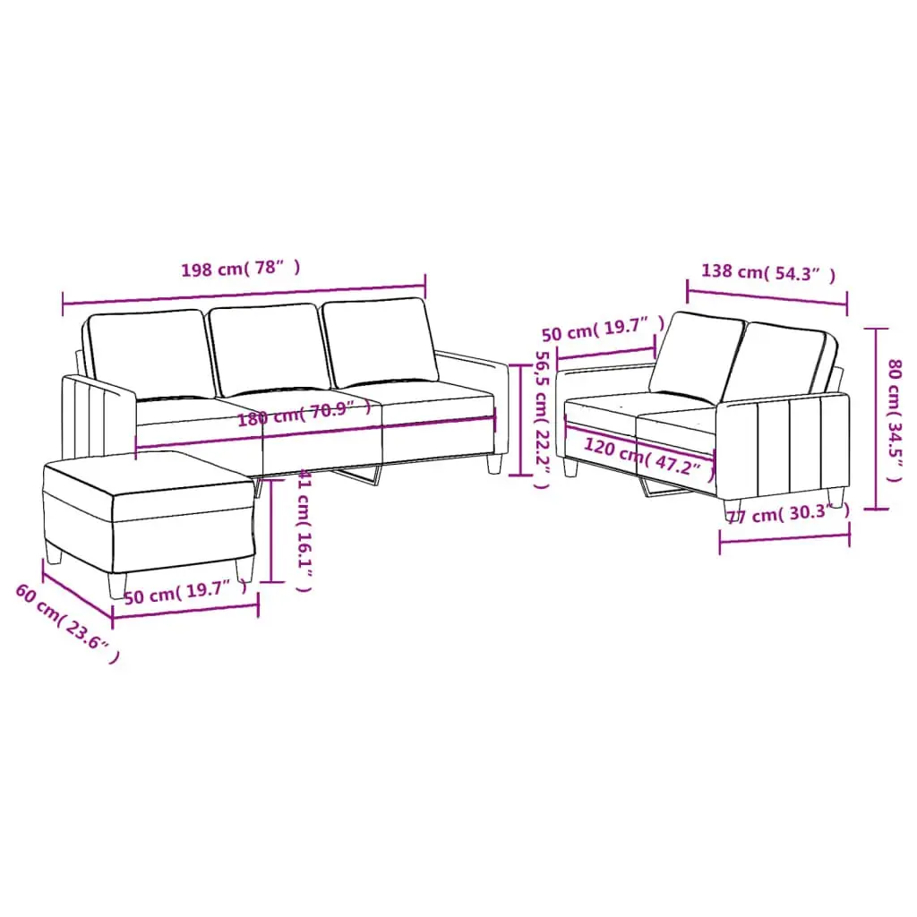 3 Piece Sofa Set Black Fabric Lounge Couch Footstool