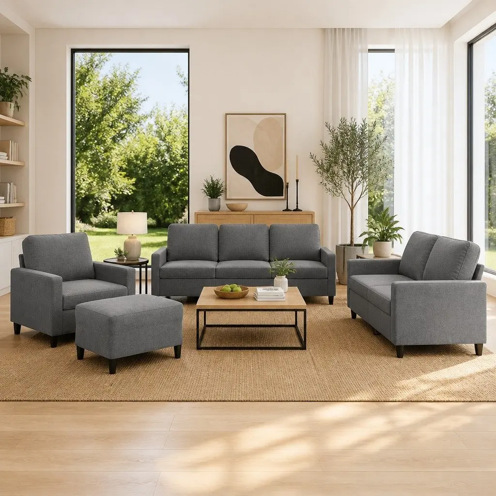 4 Piece Sofa Set with Footstool Cushions Grey Velvet Living Room Furniture