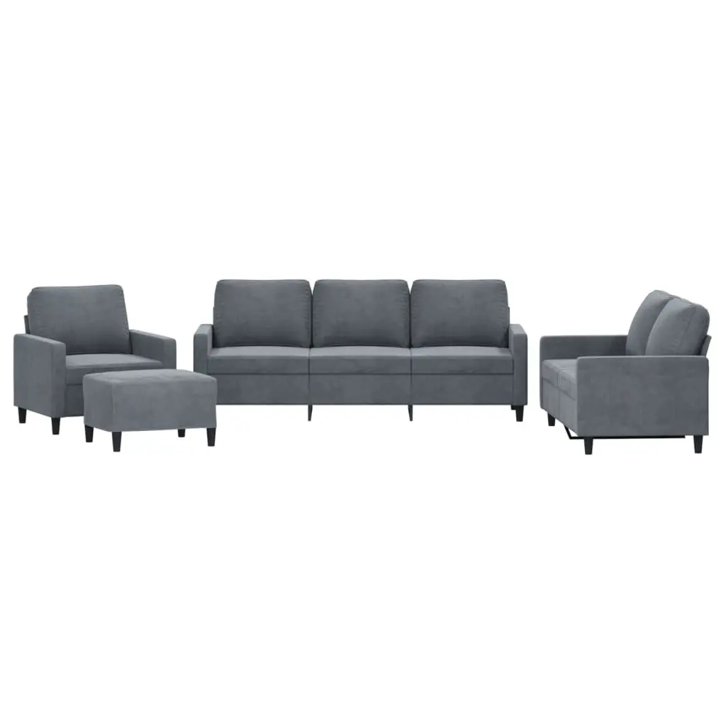 4 Piece Sofa Set with Footstool Cushions Grey Velvet Living Room Furniture