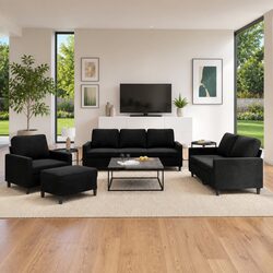 4 Piece Sofa Set with Footstool Cushions Black Velvet Living Room Furniture