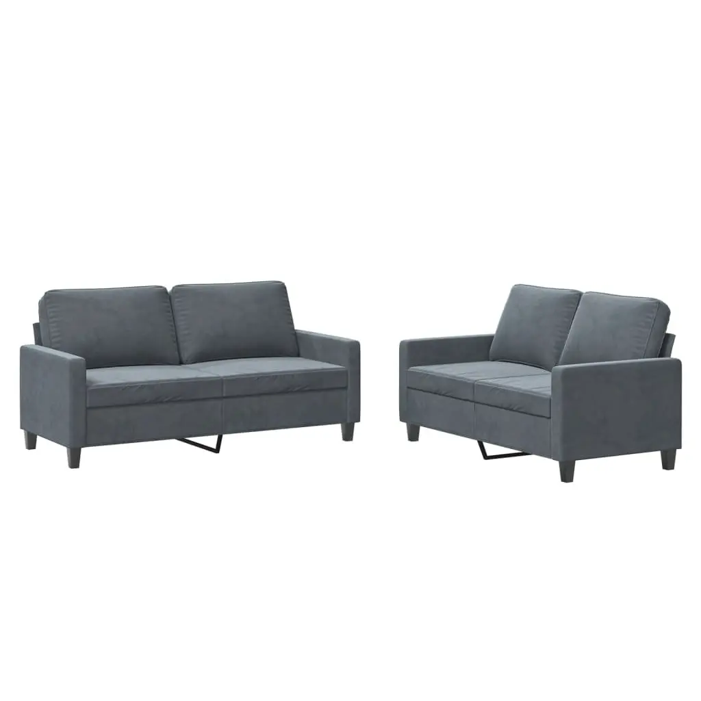 2 Piece Sofa Set Grey Velvet Padded Seat Armrests Living Room Furniture Lounge