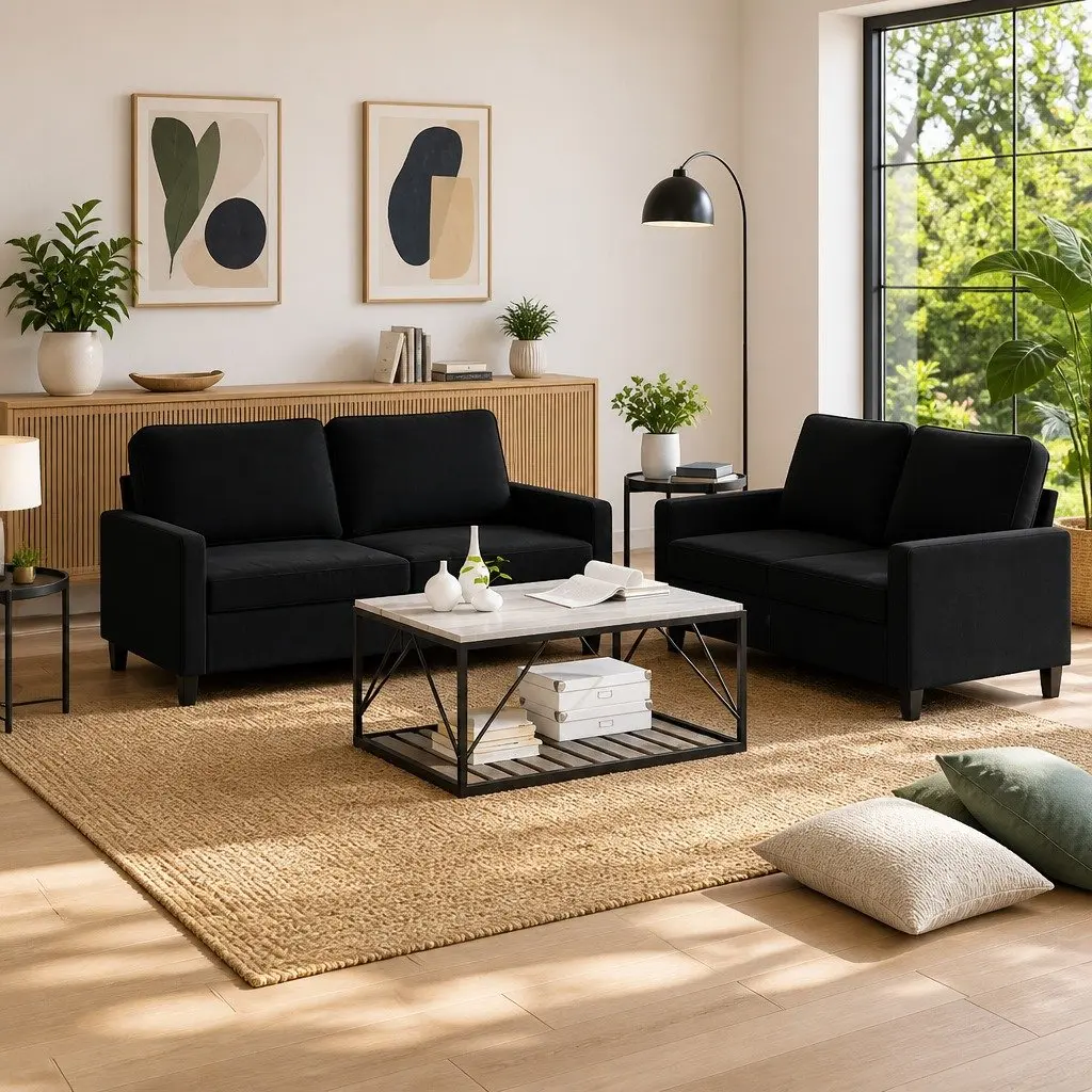 2 Piece Sofa Set with Cushions Black Velvet Lounge Suite Comfortable Seating