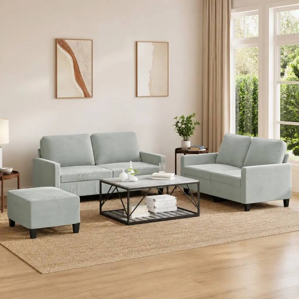 3 Piece Grey Velvet Sofa Set with Footstool