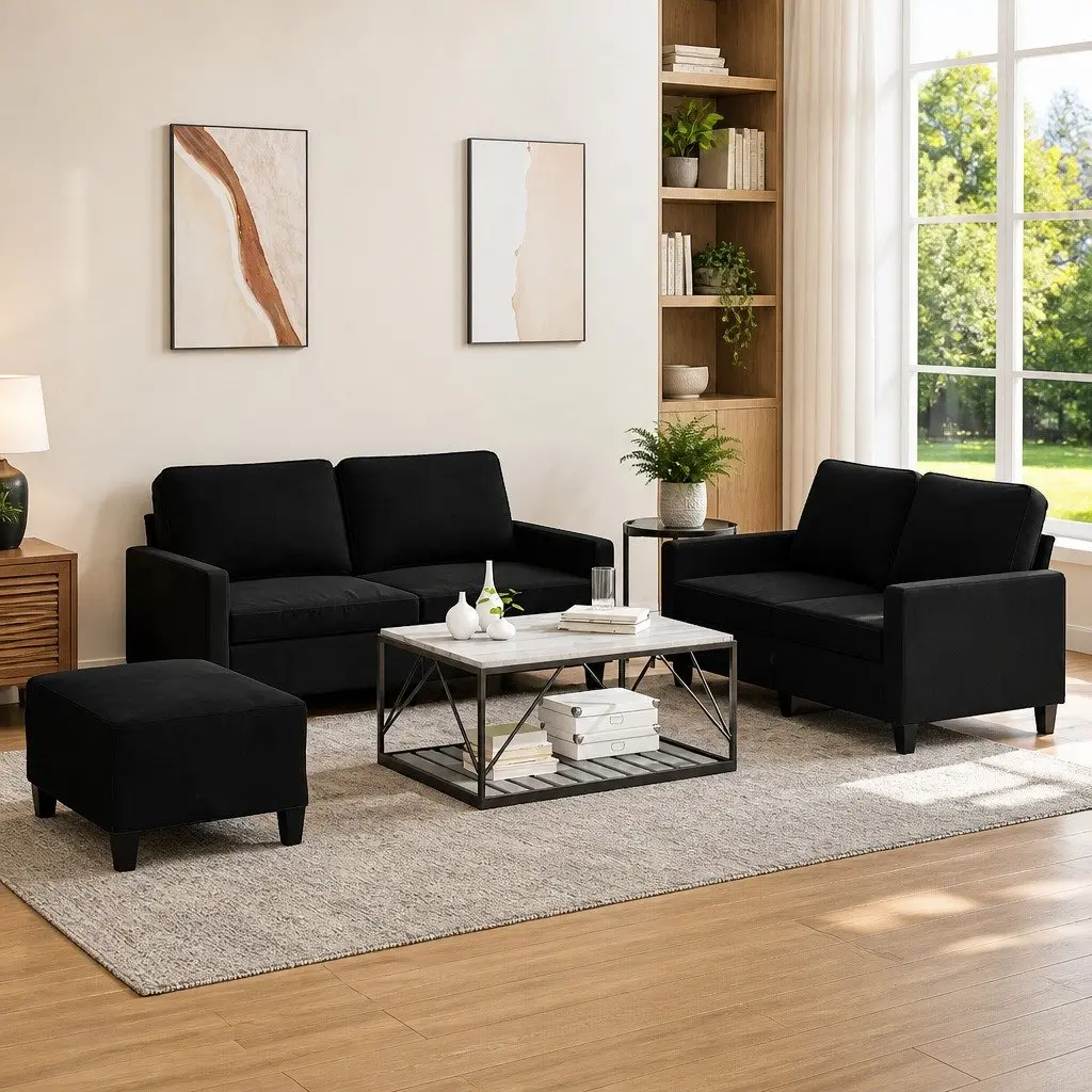 3 Piece Sofa Set Living Room Soft Velvet Black