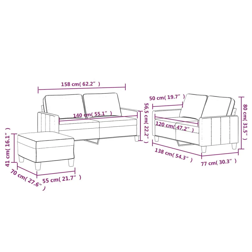 3 Piece Sofa Set Living Room Soft Velvet Black