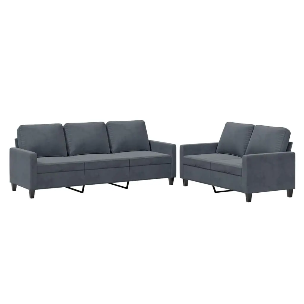 2 Piece Sofa Set Grey Velvet Living Room Furniture Comfortable Padded Seating