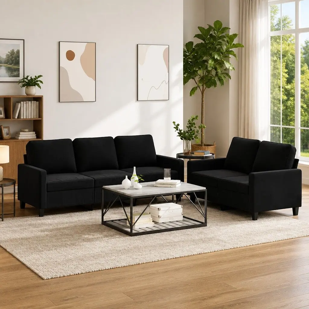 2 Piece Sofa Set Black Velvet Cushions Living Room Furniture Comfortable Seating