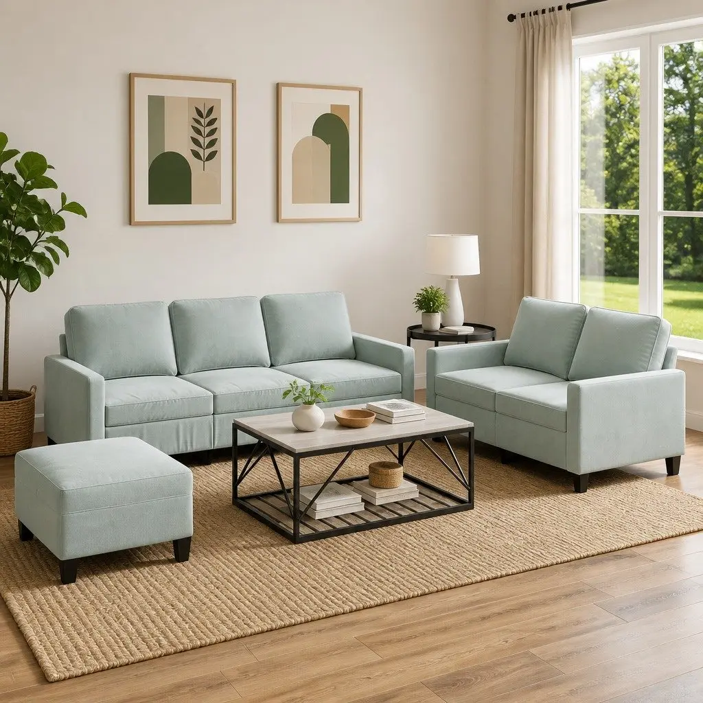 Grey Velvet 3 Piece Lounge Sofa Set with Chair and Footstool for Living Room Comfort