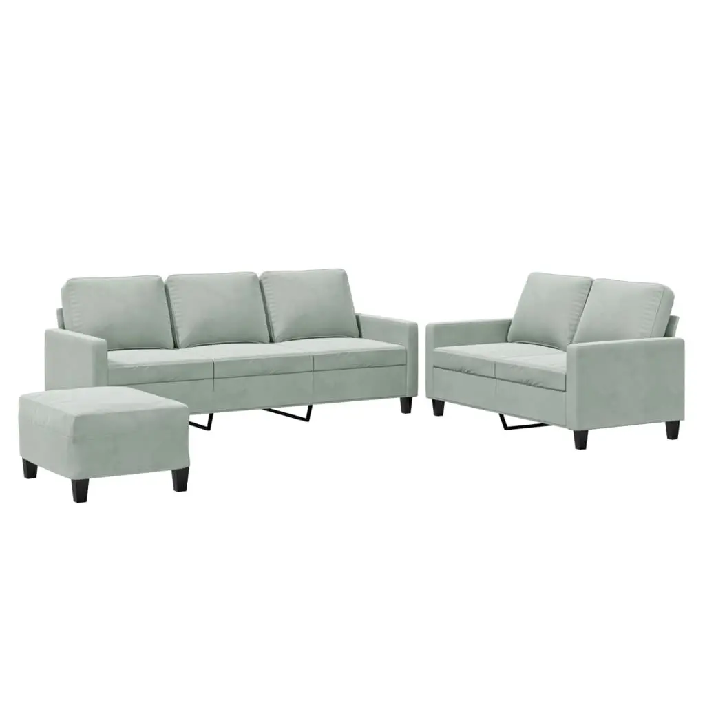 Grey Velvet 3 Piece Lounge Sofa Set with Chair and Footstool for Living Room Comfort