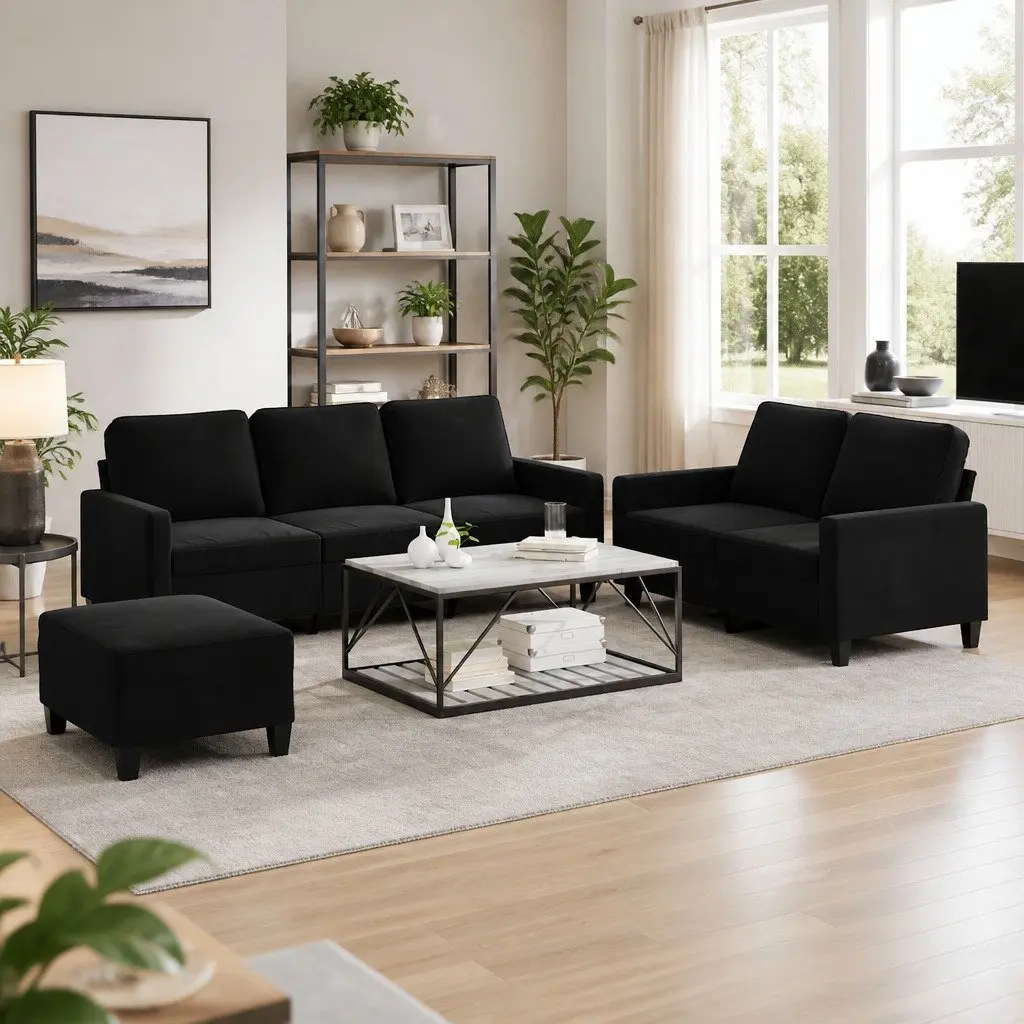 3 Piece Sofa Set Black Velvet Living Room Furniture Seating