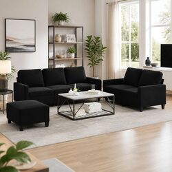 Cozy Black Velvet Sofa Set: 3 Piece Lounge with Footstool