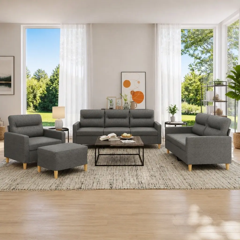 4 Piece Sofa Set Grey Fabric Living Room Padded Seat Armrests Footstool