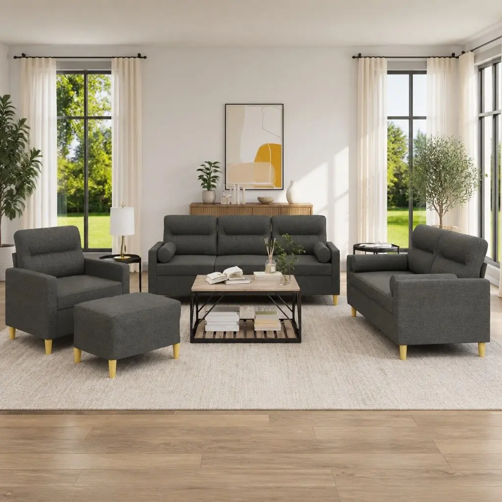 4 Piece Grey Fabric Sofa Set with Roll Pillows