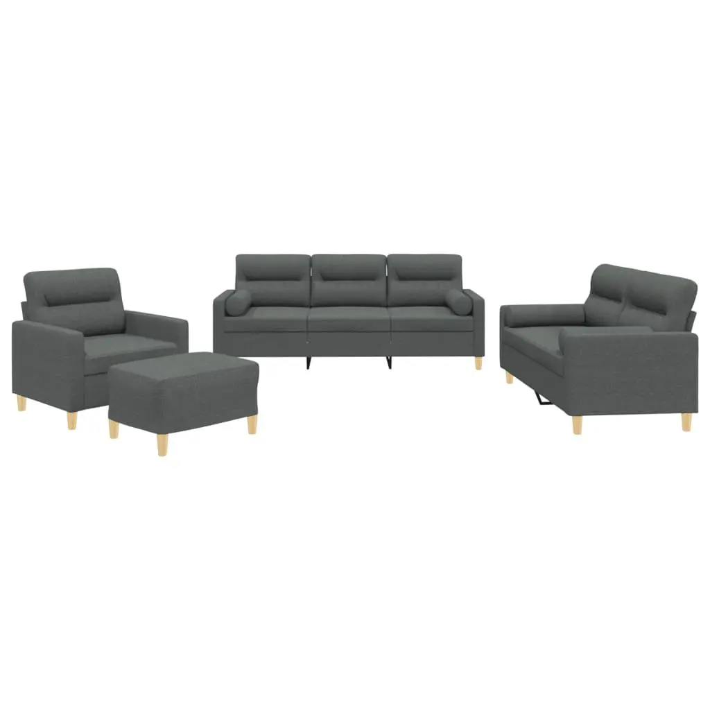4 Piece Grey Fabric Sofa Set with Roll Pillows