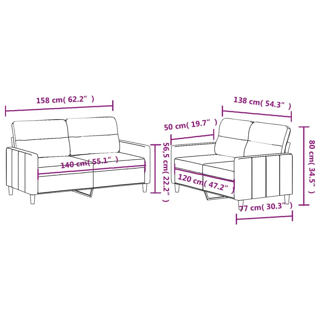 2 Piece Grey Fabric Sofa Set with Cushions Comfortable Living Room Furniture