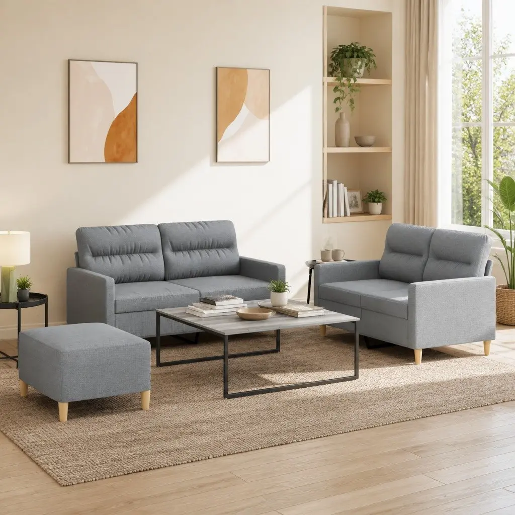 Grey Fabric Living Room Sofa Set 3 Piece with Armchair and Footstool