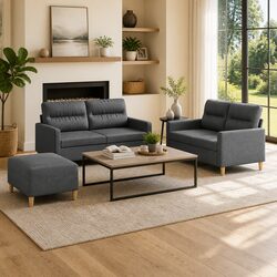 Practical Grey Fabric 3 Piece Sofa Set with Cushions