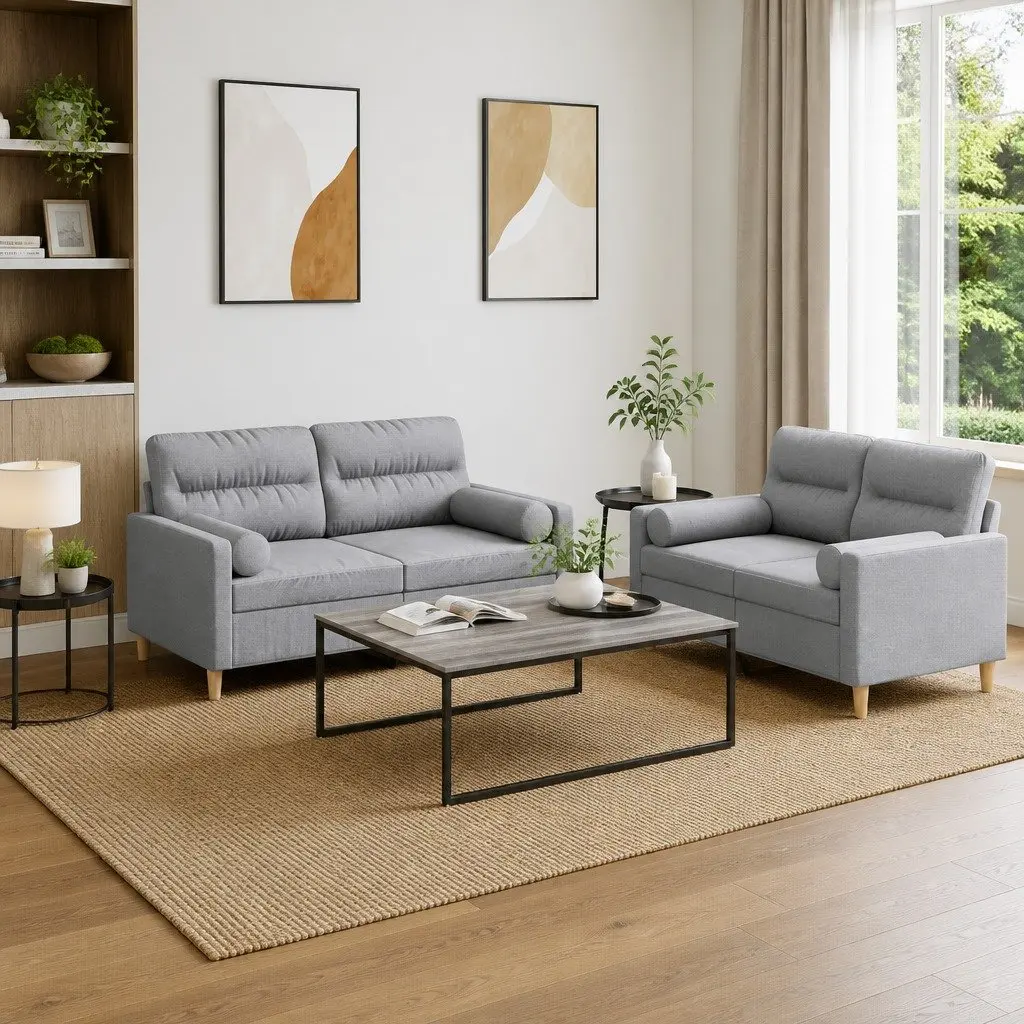 Sofa Set Lounge Suite Grey Fabric 2 Piece with Pillows