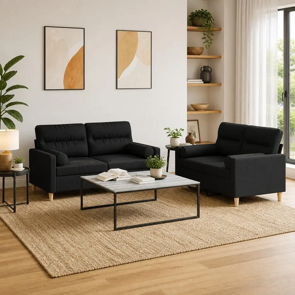 2 Piece Sofa Set Black Fabric Couch Lounge
