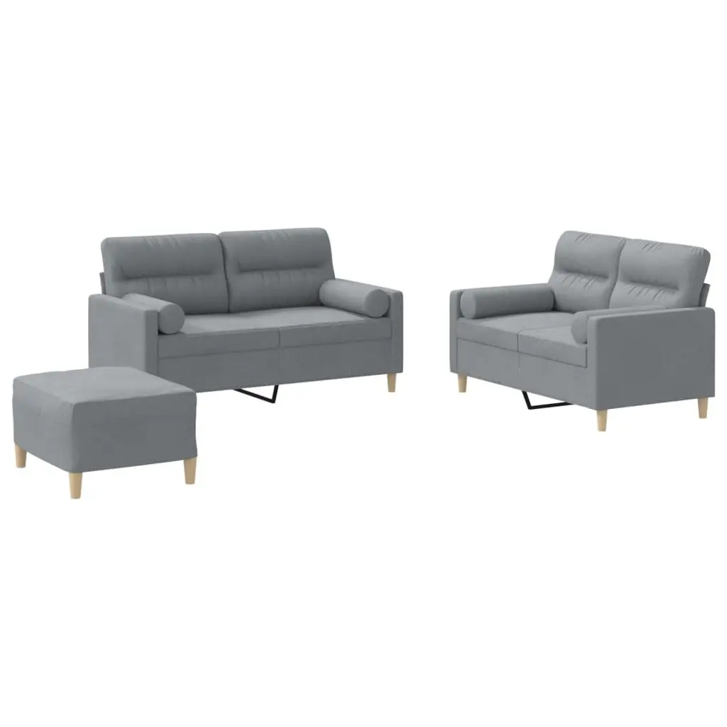Sofa Set Living Room Furniture Grey Fabric 3 Piece with Footstool and Pillows
