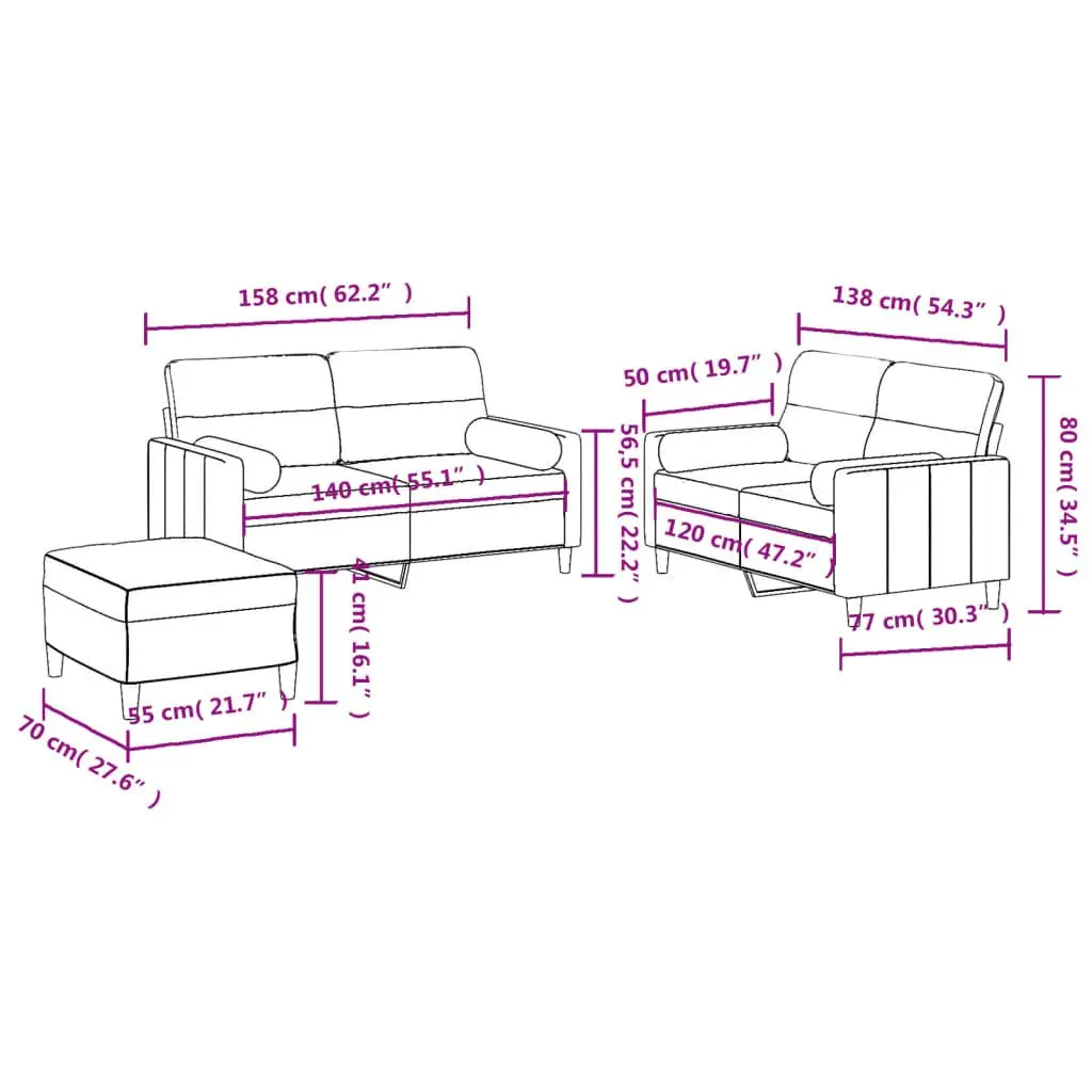 Sofa Set Living Room Furniture Grey Fabric 3 Piece with Footstool and Pillows