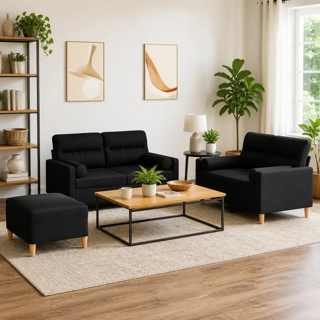 Black Fabric Sofa Set 3 Piece Living Room Lounge Couch with Footstool and Pillows