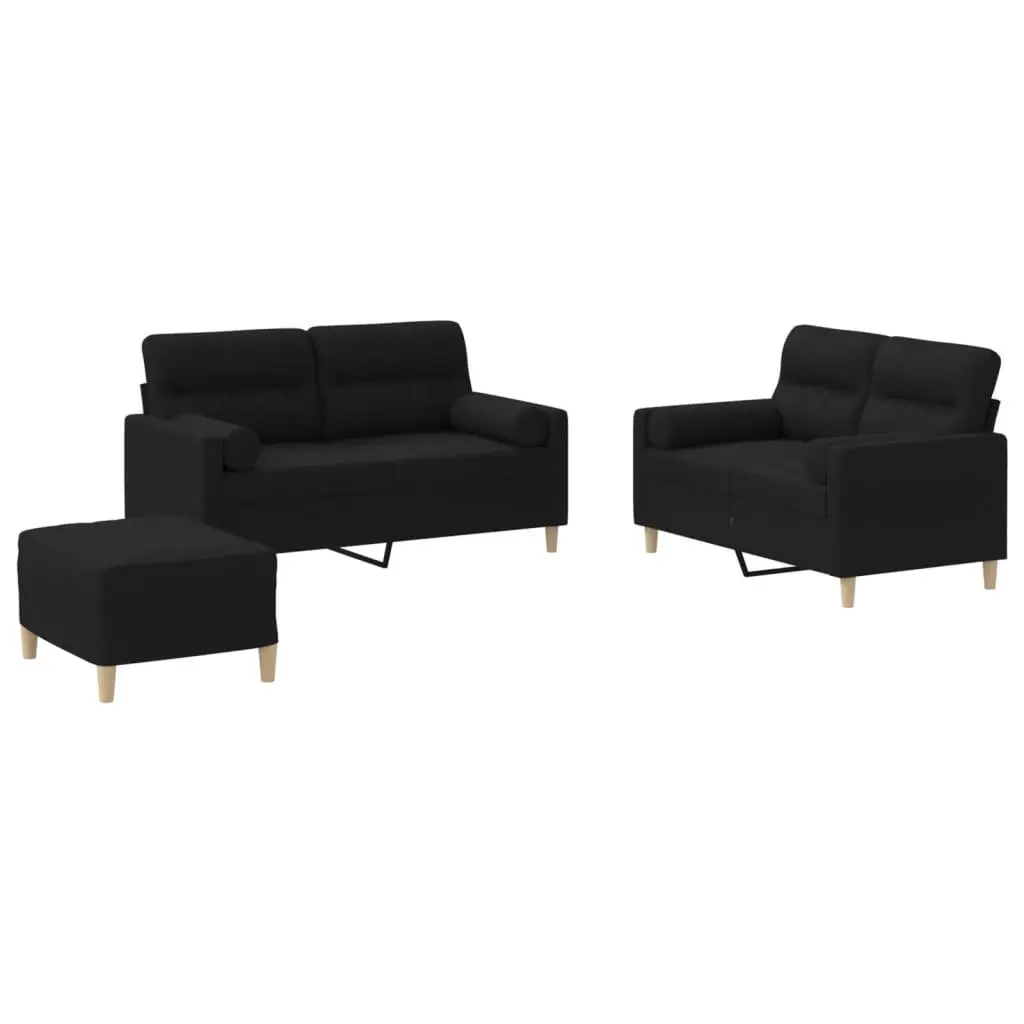 Black Fabric Sofa Set 3 Piece Living Room Lounge Couch with Footstool and Pillows