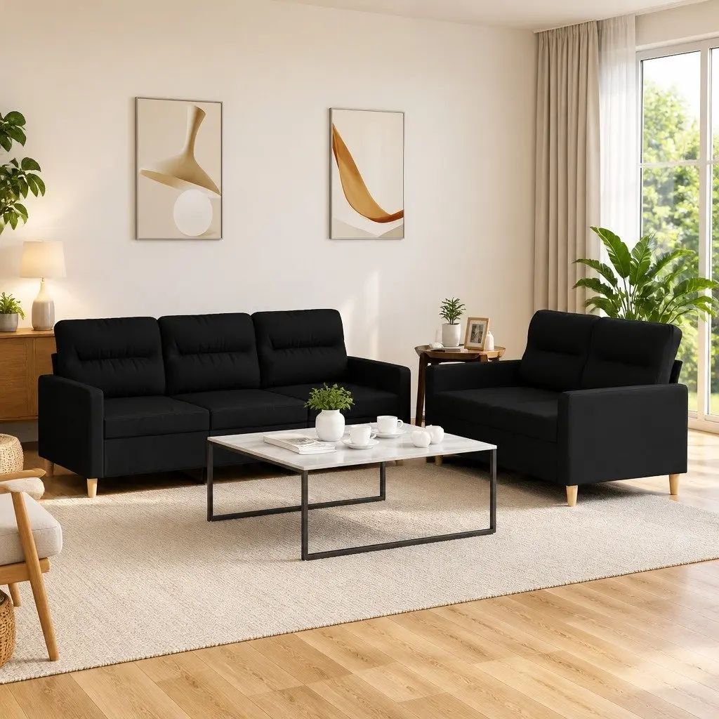 Black Fabric 2 Piece Sofa Set Living Room Seating Suite