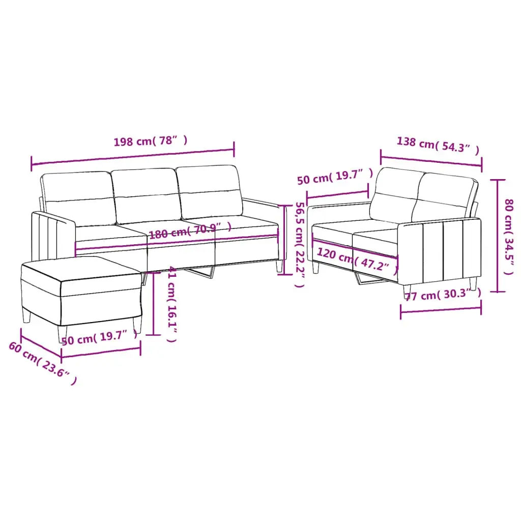 3 Piece Sofa Set Grey Fabric Living Room Furniture Seating