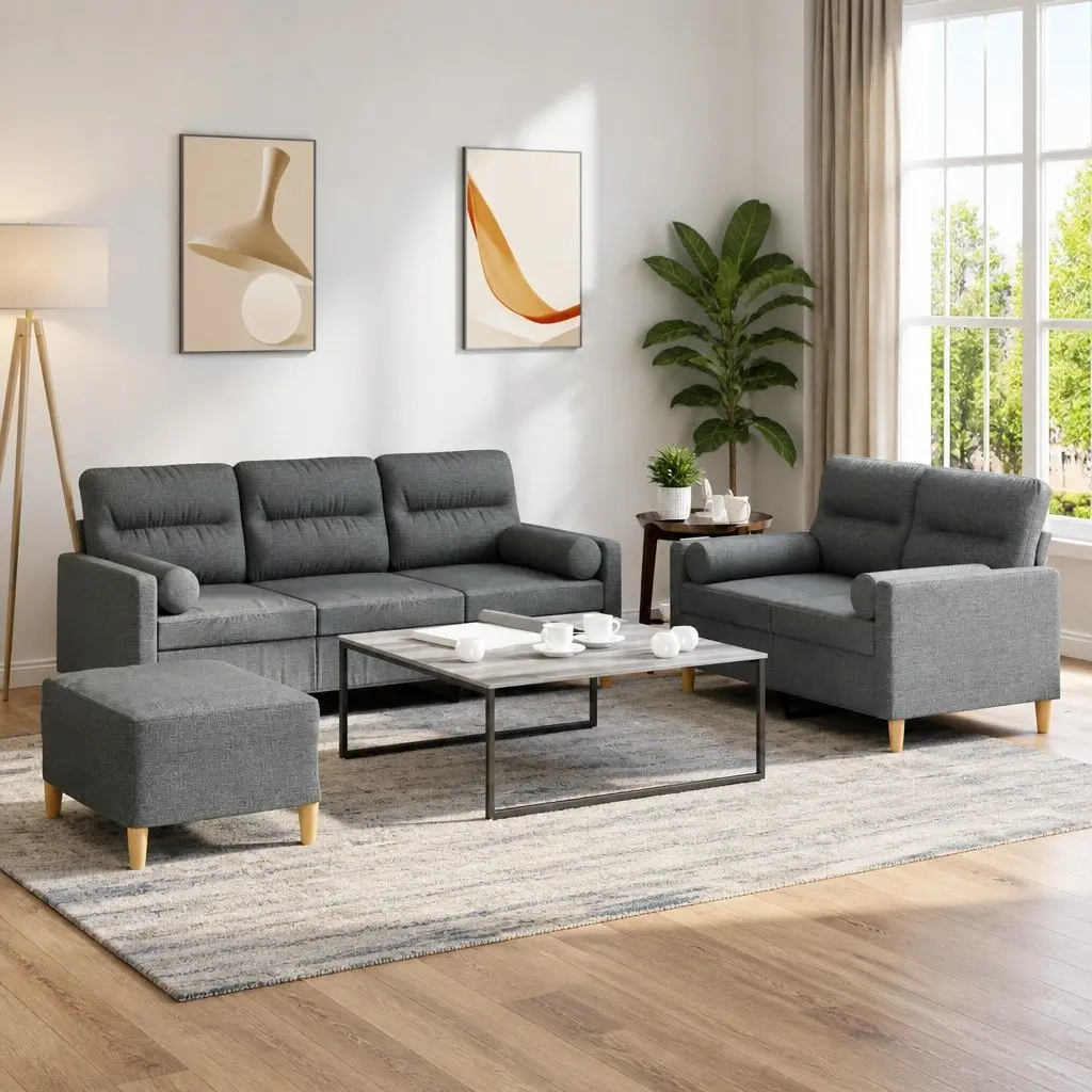 3 Piece Sofa Set Grey Fabric Living Room Lounge Suite with Footstool and Pillows