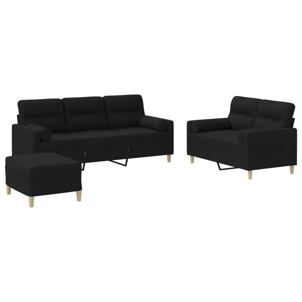 3 Piece Sofa Set with Roll Pillows Footstool Black Fabric Lounge Suite