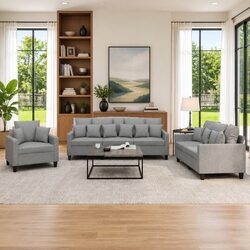 3 Piece Sofa Set Grey Fabric Lounge Suite with Throw Pillows Living Room Couch