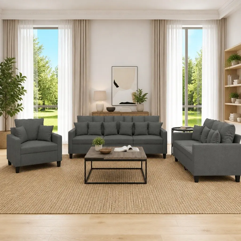 3 Piece Grey Fabric Sofa Set with Throw Pillows Comfortable Living Room Lounge