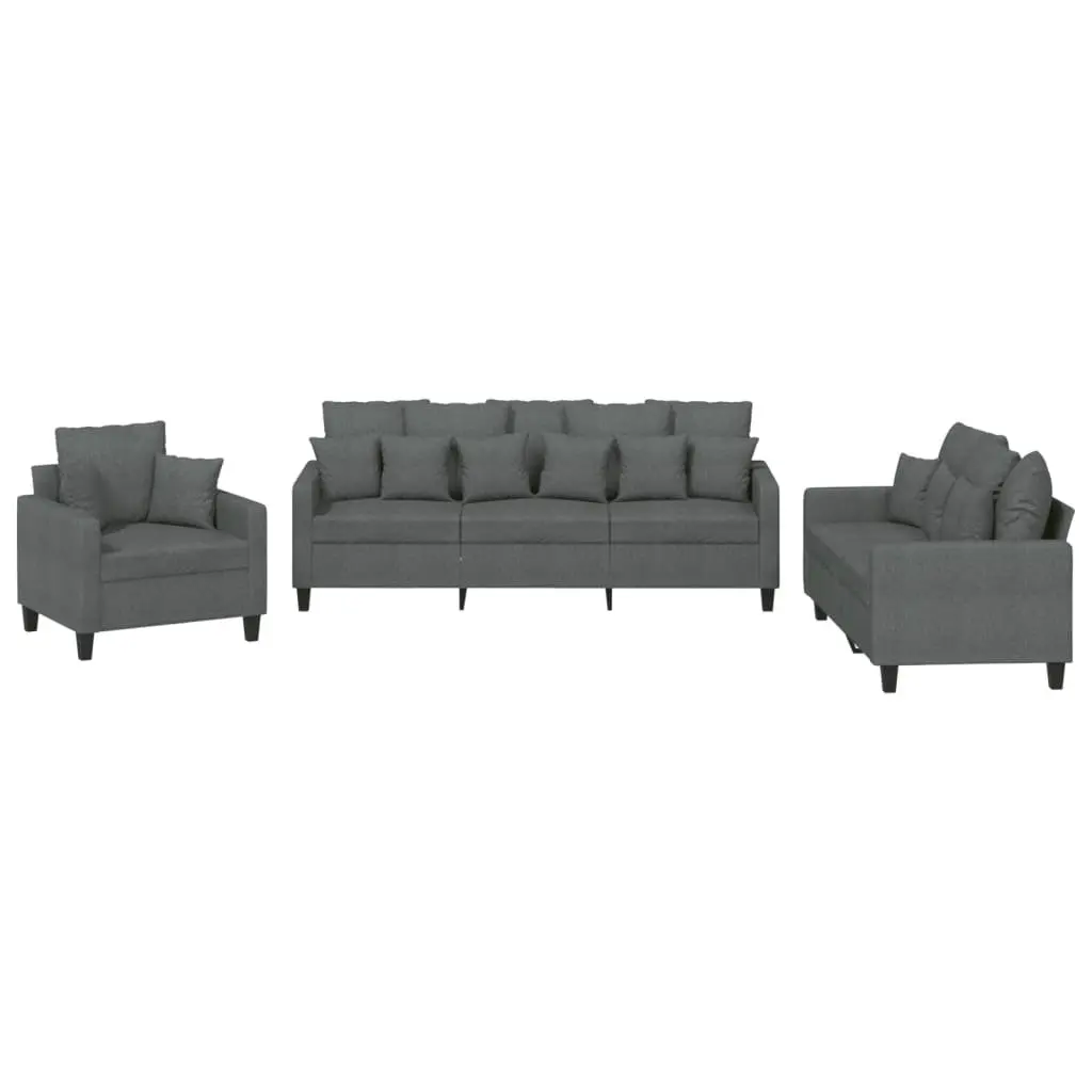 3 Piece Grey Fabric Sofa Set with Throw Pillows Comfortable Living Room Lounge