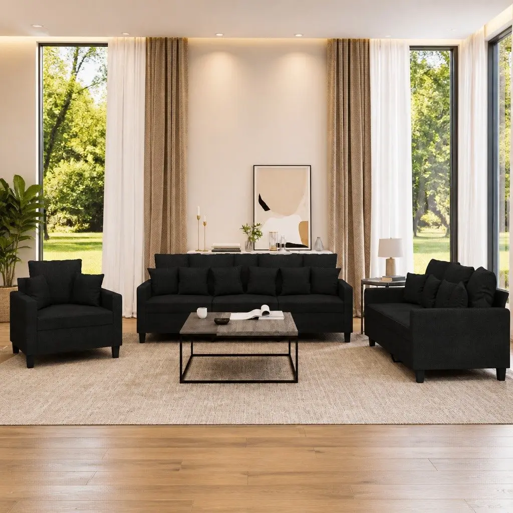 3 Piece Sofa Set Black Fabric Lounge Suite Living Room Couch