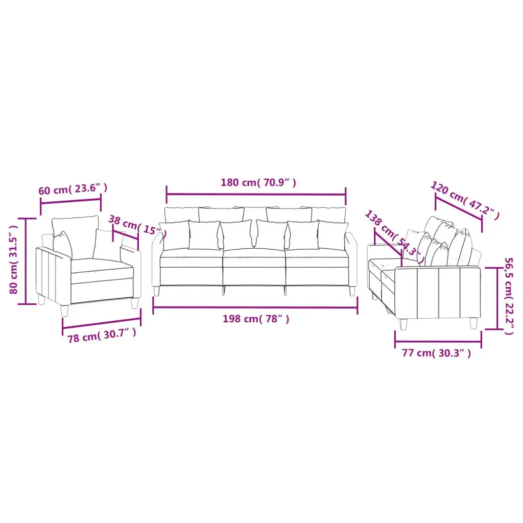 3 Piece Sofa Set Black Fabric Lounge Suite Living Room Couch